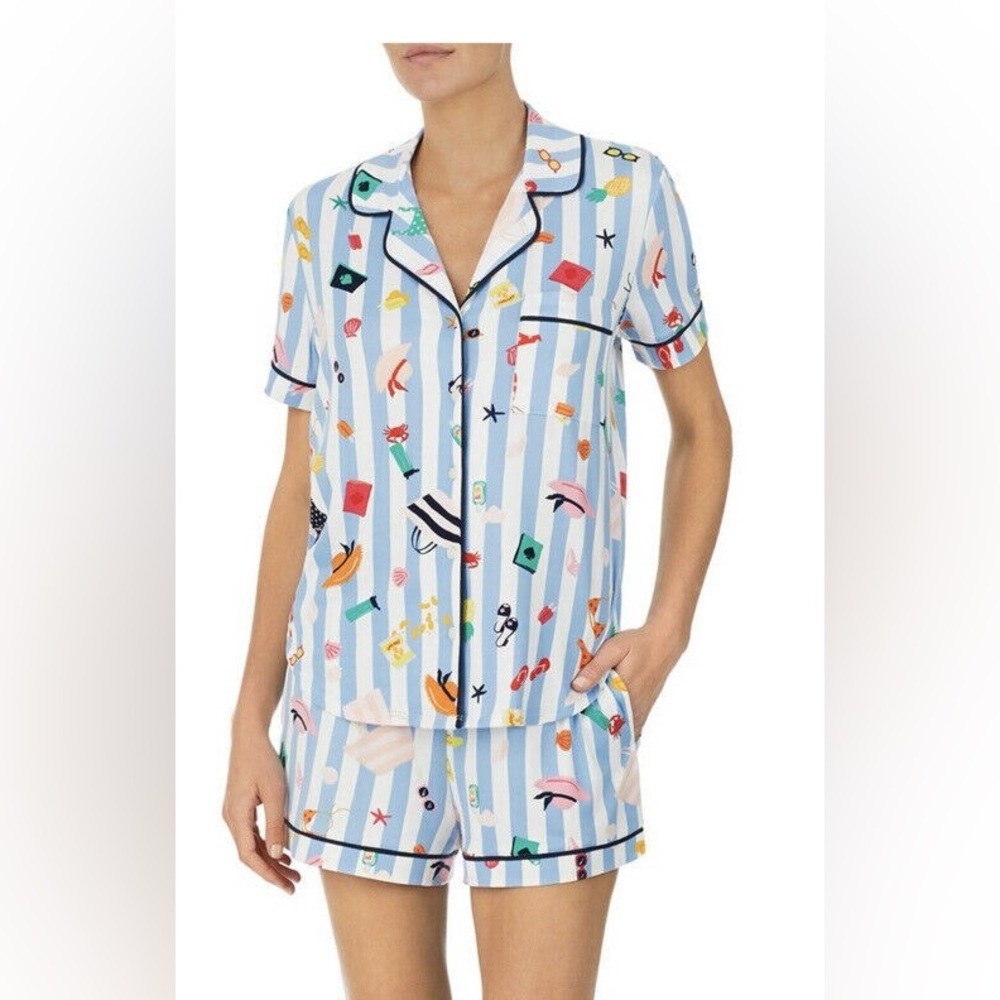 Kate Spade Colorful Summer Beach Printed Striped Button-Up Pajama Set Large - Picture 1 of 9